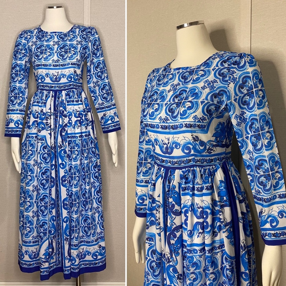 Blue China pattern long sleeve tea length dress